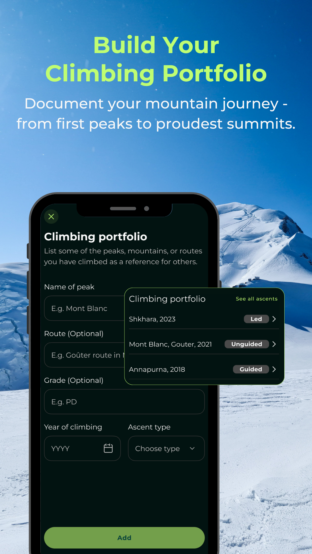 MYMCO Climbing portfolio screen