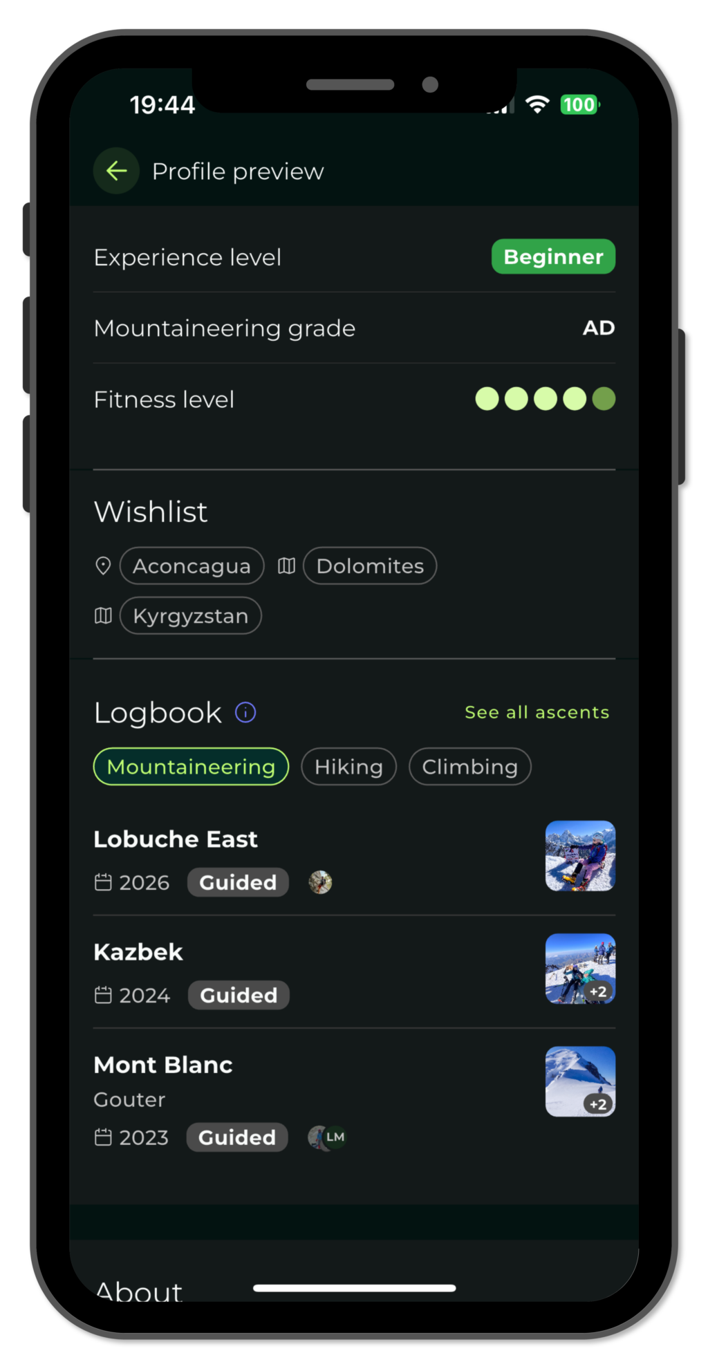 MYMCO app profile preview — Logbook